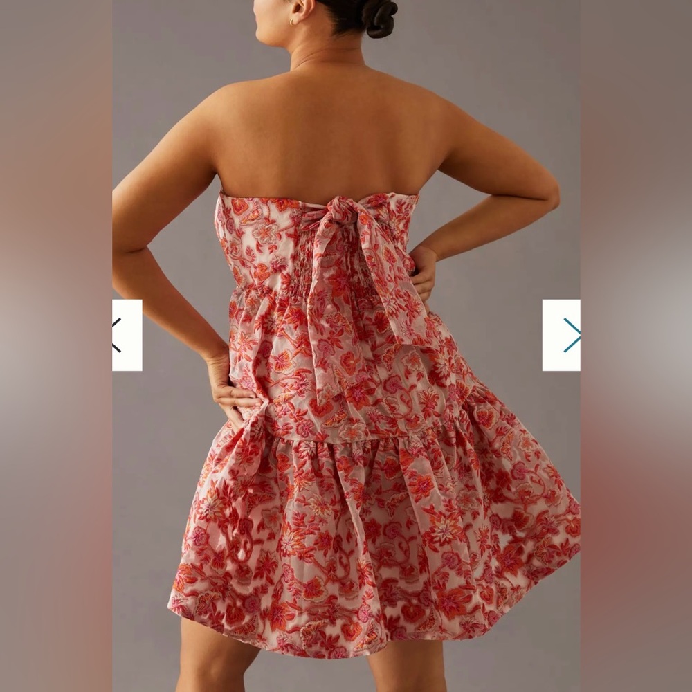Anthropologie Strapless Mini Dress. Back bow, stretchy back. Orange, pink. L - Picture 4 of 16